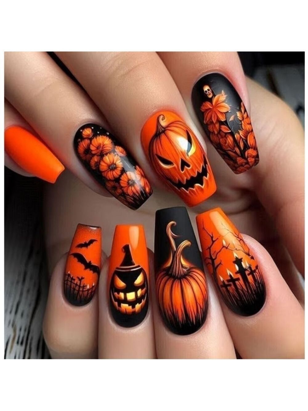 2/$10 Halloween Pumpkin & Floral False Nail Set - Orange & Black